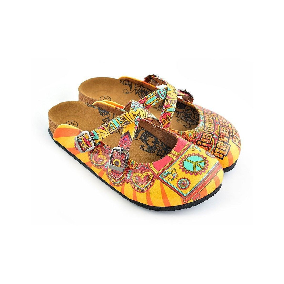 Yellow & Red Peace Sign Cross-Strap Clogs WCAL134 (737672822880)