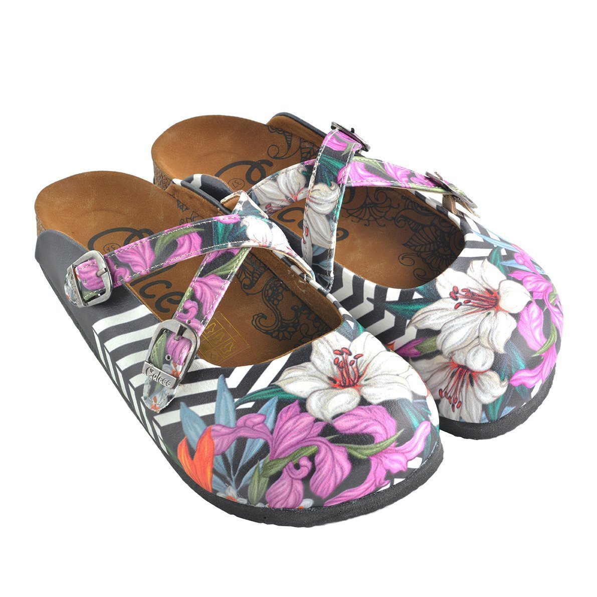 Black & Pink Floral Stripe Clogs WCAL153 (737671086176)