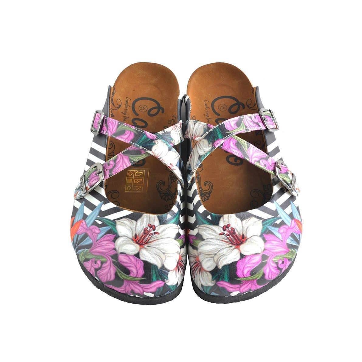 Black & Pink Floral Stripe Clogs WCAL153 (737671086176)